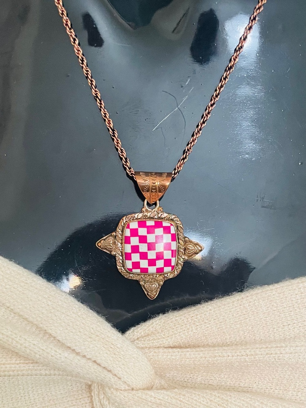 Vintage Style Pink White Checkerboard Turquoise Copper Pendant Necklace NWOT